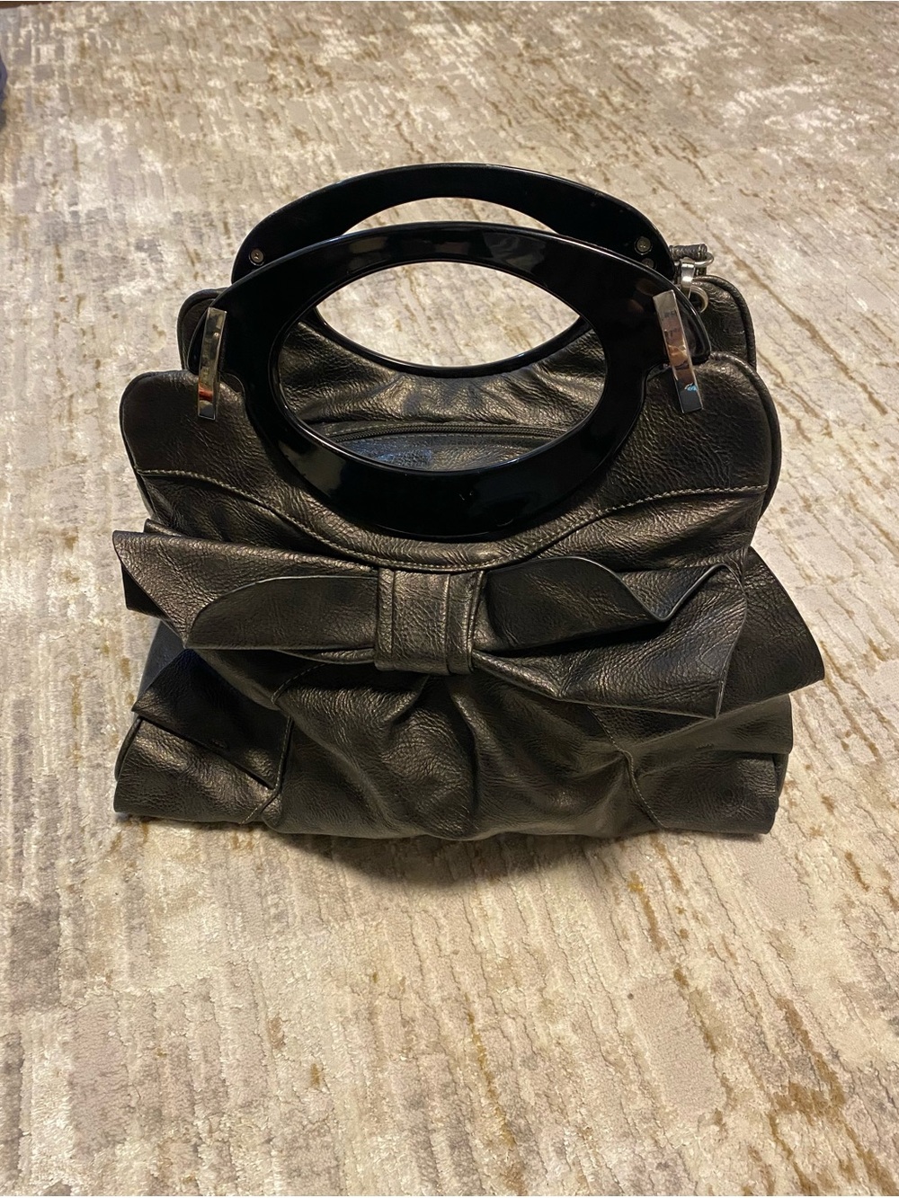 Gray Leather Bow Accent Handbag with Circular Acrylic Handles